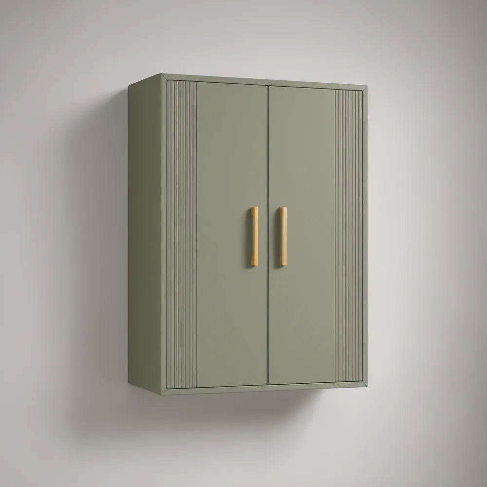 Nástěnná dvoudveřová skříňka z MDF, olivově zelená se zlatými úchytkami, 80 × 30 × 100 cm
