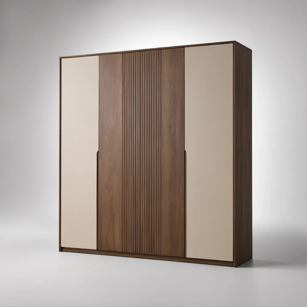 Čtyřdveřová šatní skříň 200 × 60 × 220 cm v dekoru ořechu a béžové barvě